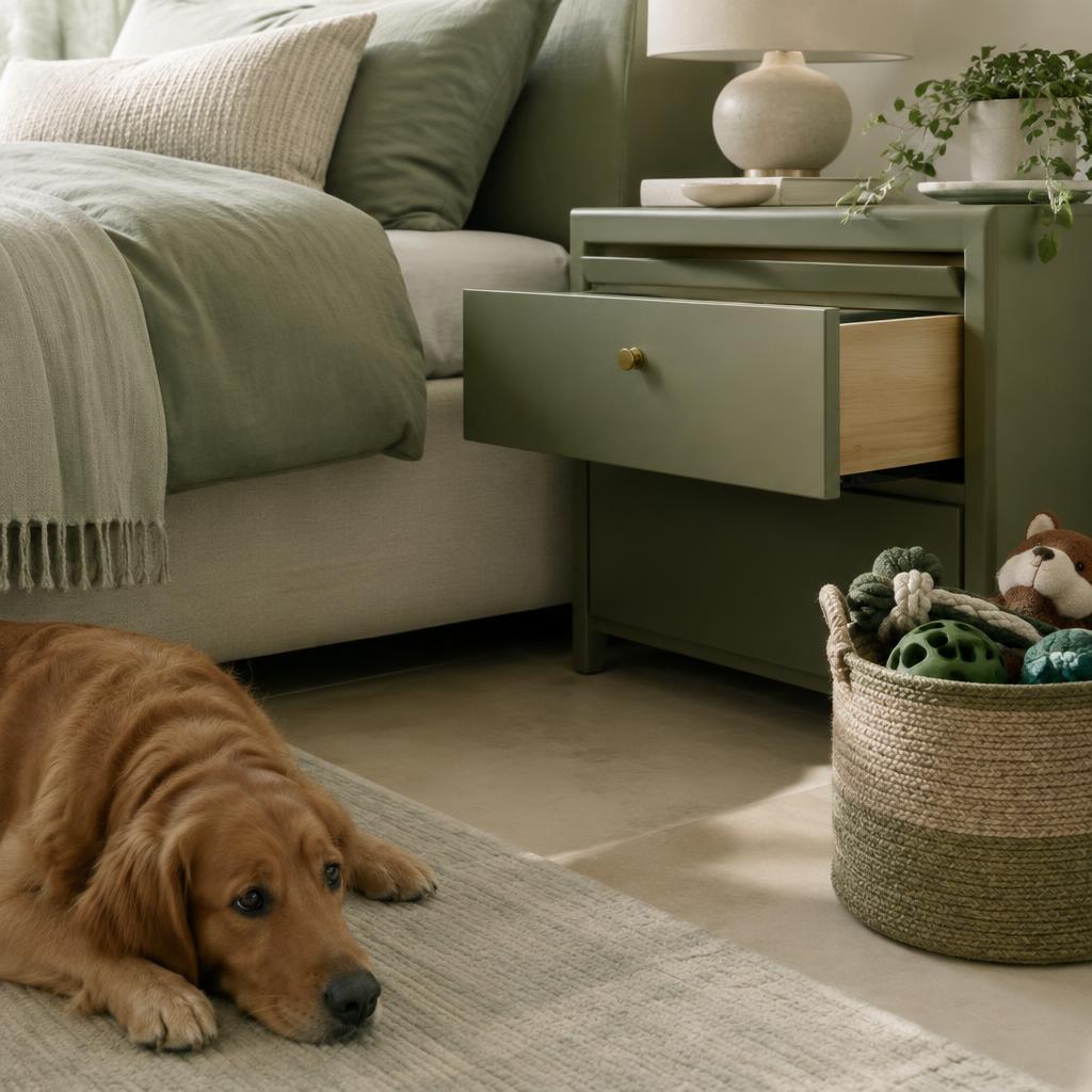 A lidded laundry basket in a hallway with a dog walking past