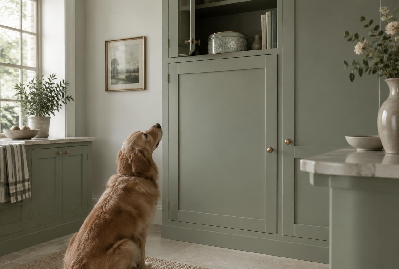 A high kitchen cupboard with a closed tin of chocolates while a dog looks up from the floor