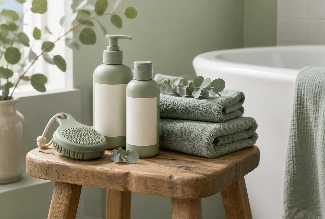 Dog shampoo bottles, towels and a brush arranged beside a bath