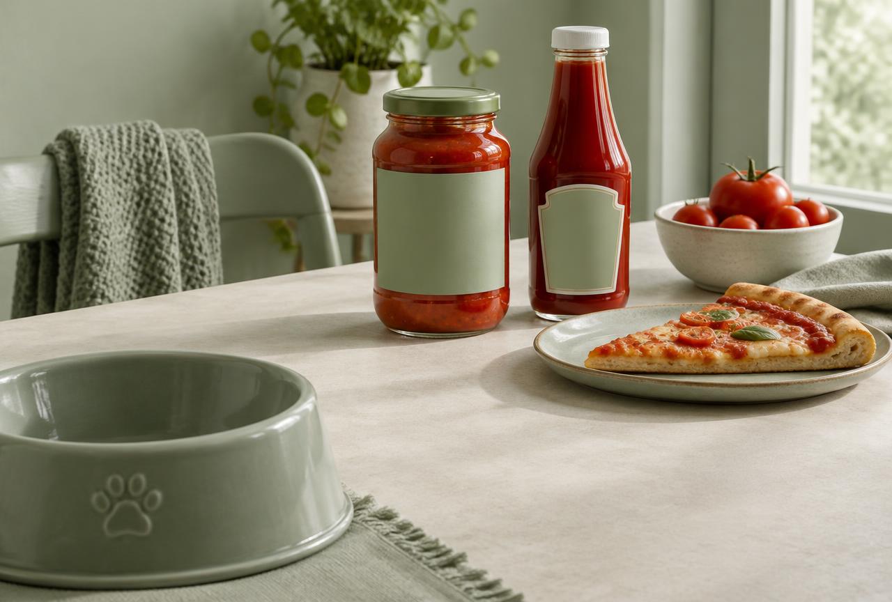 Tomato sauce, ketchup and a pizza slice on a table away from a dog bowl