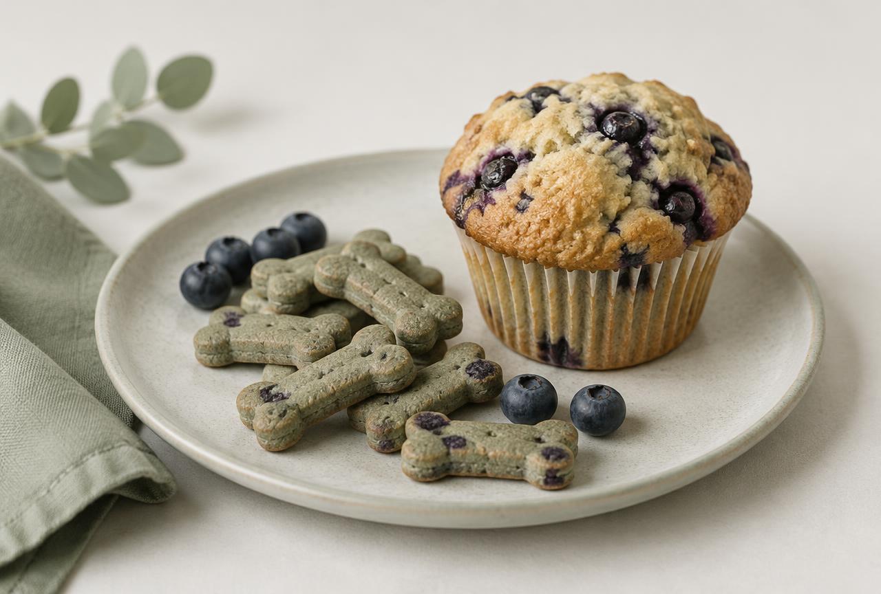 Blueberry dog treats and a blueberry muffin on a pale plate