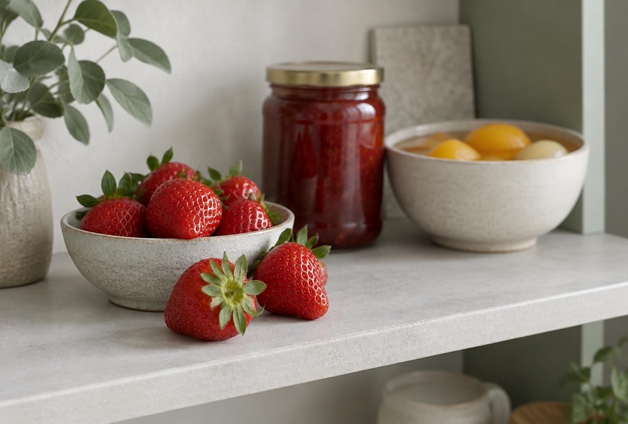 A jar of jam and tinned fruit behind a bowl of fresh strawberries