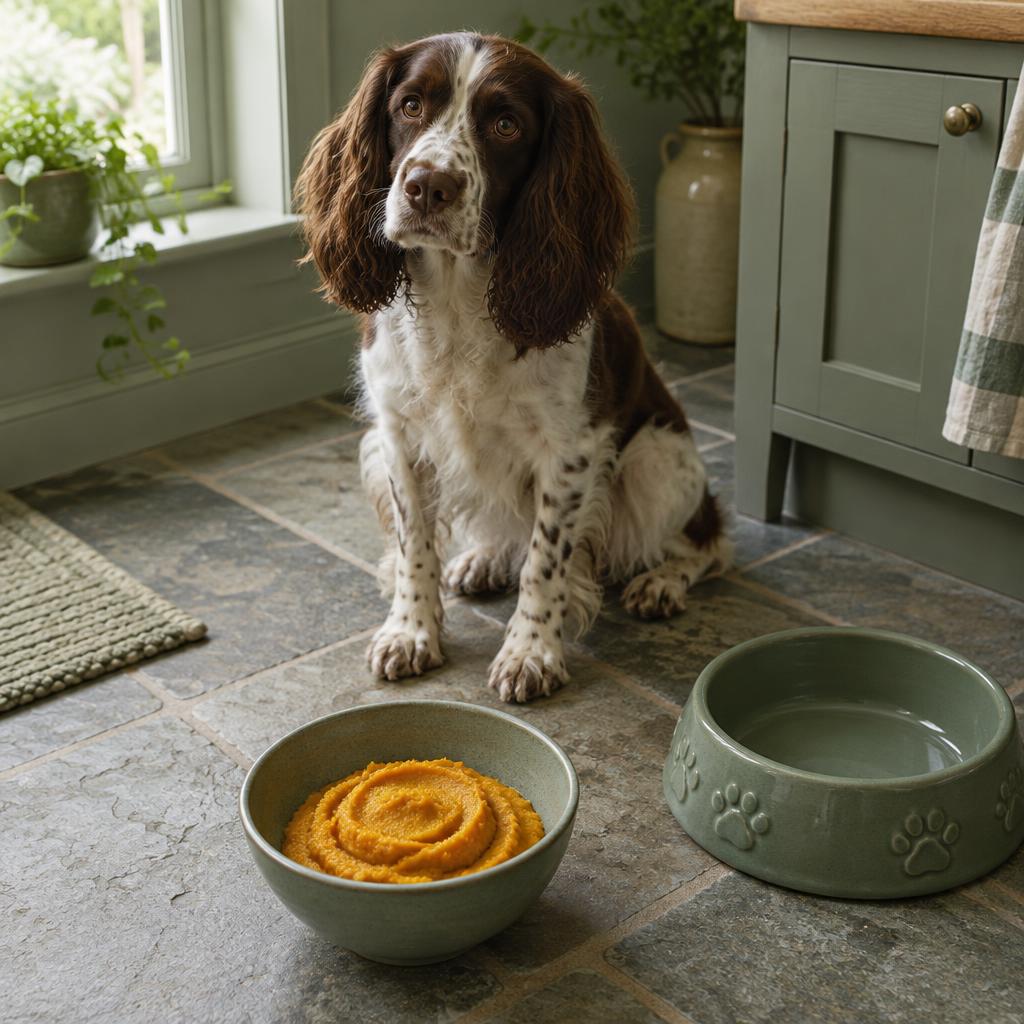 A spaniel sitting beside a bowl of plain pumpkin puree