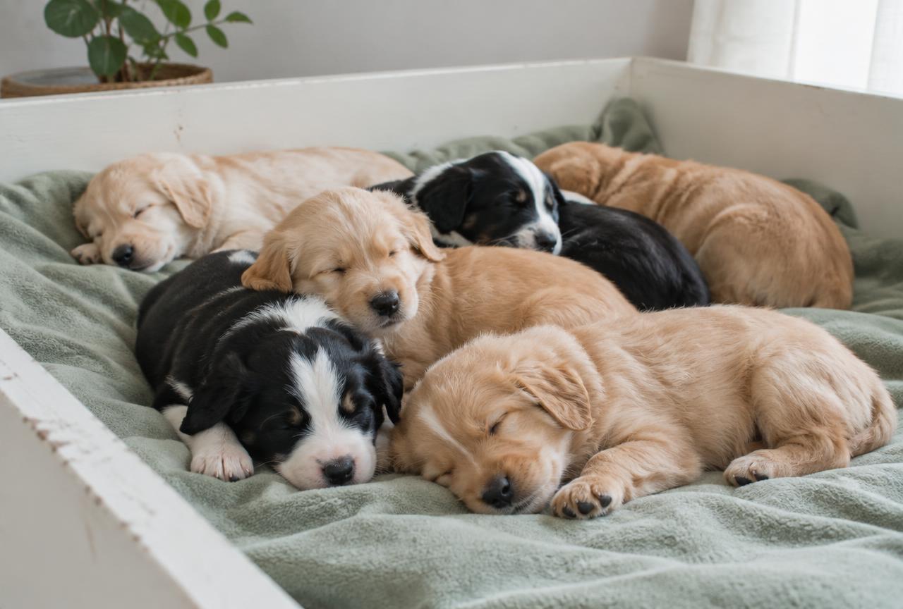 A litter of golden and black-and-white puppies asleep together on a sage blanket in a pale whelping box