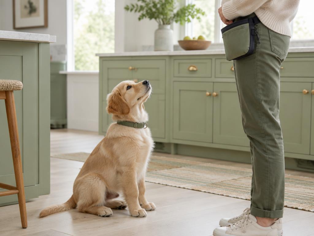 A puppy sitting attentively in a bright kitchen looking up at a treat pouch