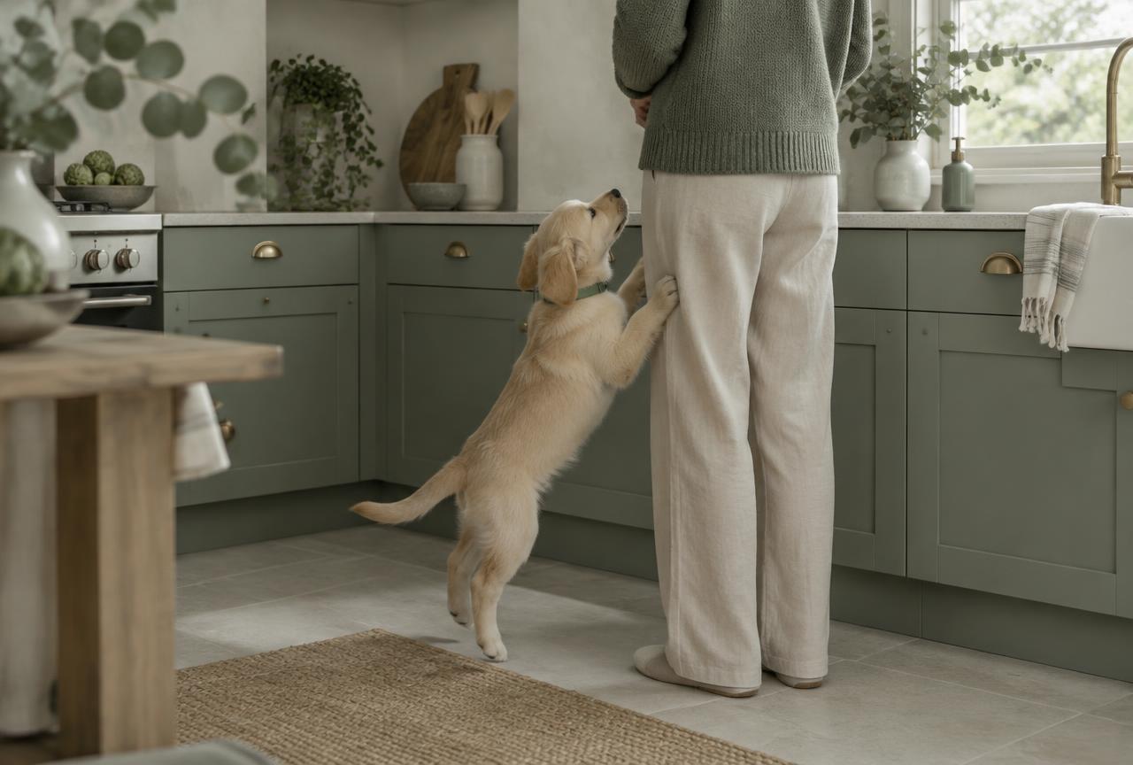 A small puppy jumping up at a person's legs in a kitchen