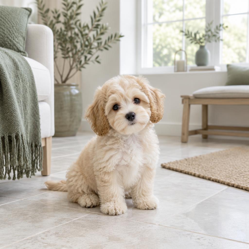 A cream Cavachon puppy sitting on a pale stone floor