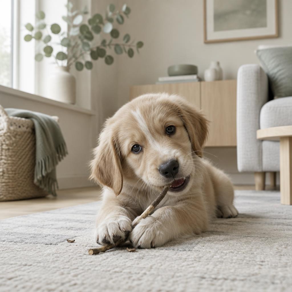 A puppy gnawing a small twig on a rug