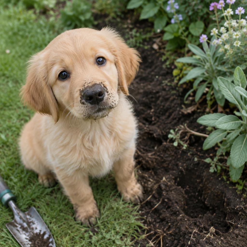 A puppy with a muddy nose beside a dug flower bed