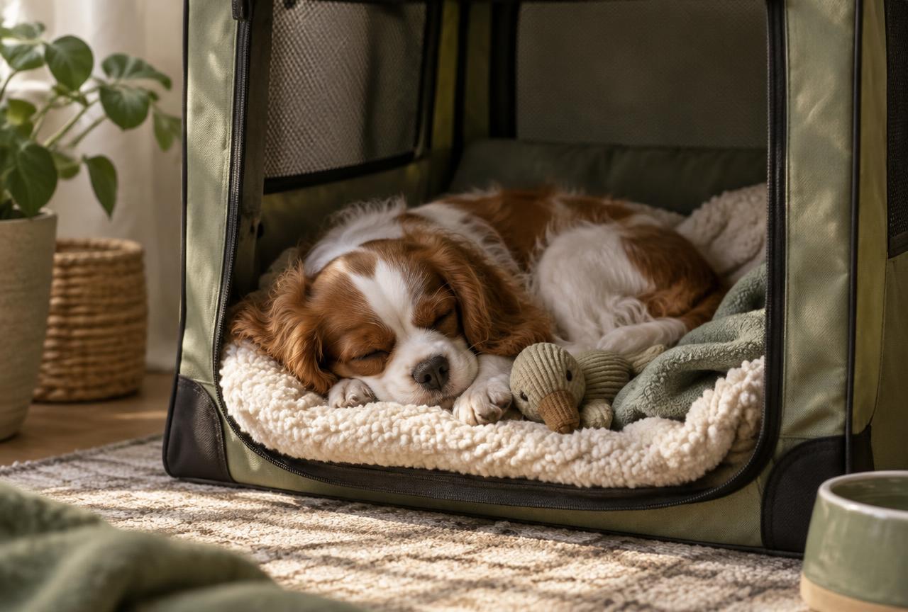 A spaniel puppy fast asleep curled in a soft crate with an open door and a plush blanket