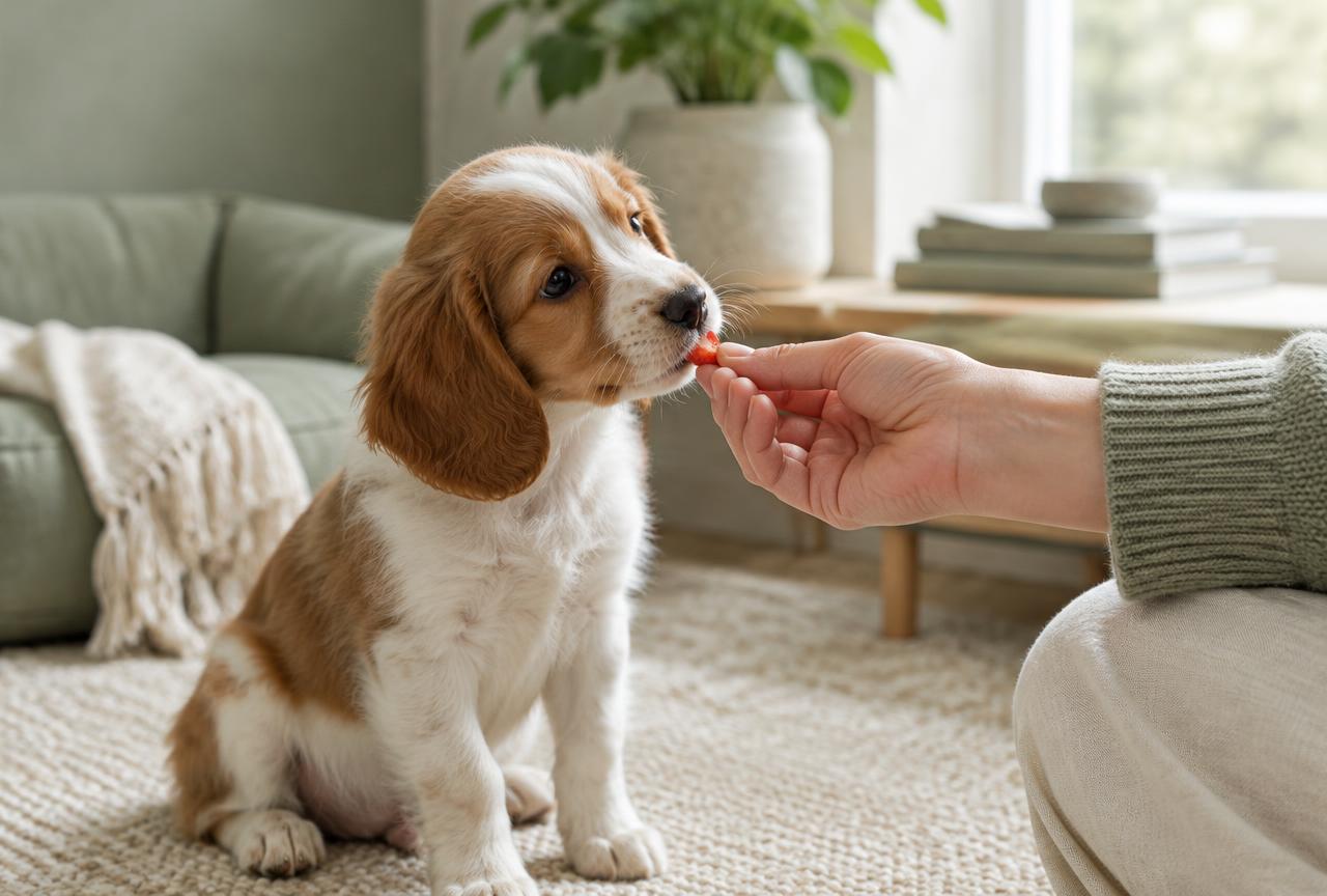 A small puppy gently taking a piece of strawberry from a person's fingers