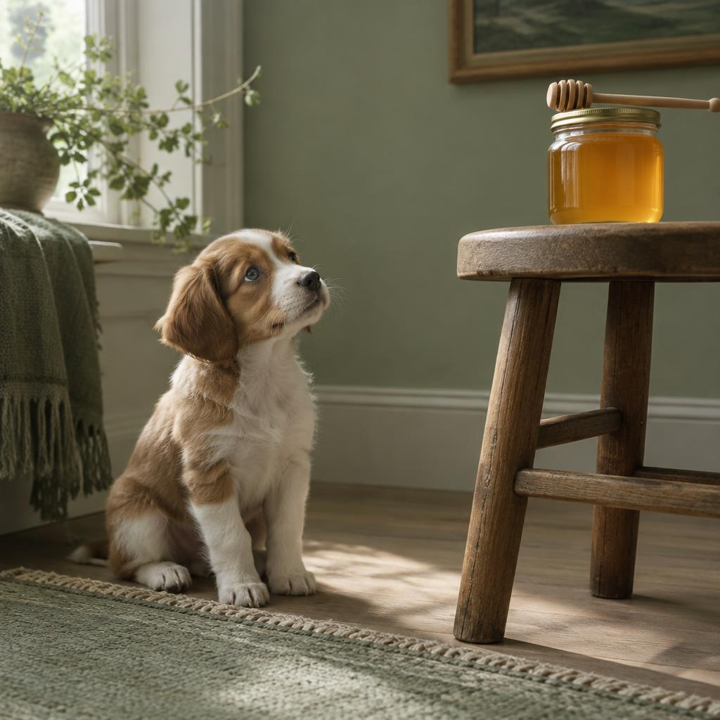 A puppy looking up at a honey jar placed out of reach on a stool