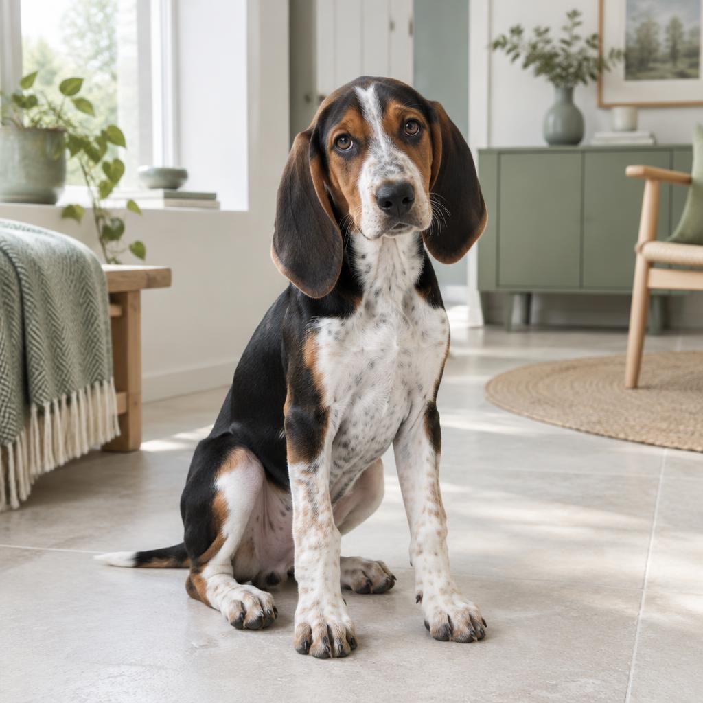 A Treeing Walker Coonhound puppy with long ears sitting on a pale stone floor