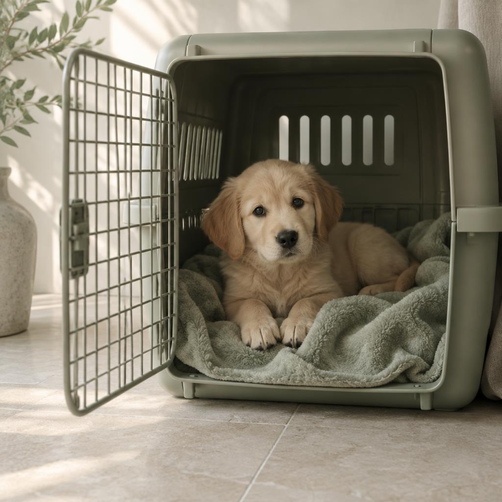 A puppy resting in an open crate with a soft blanket