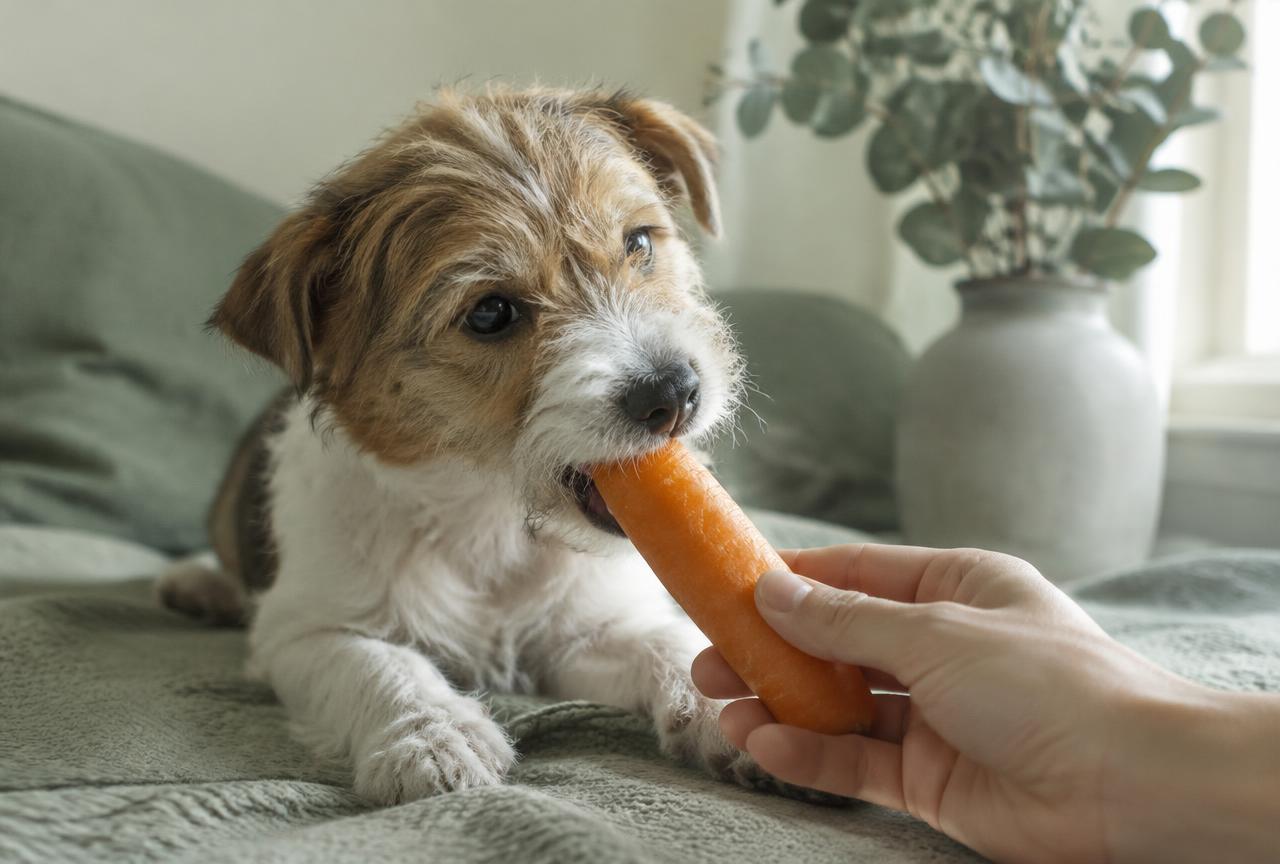 A terrier puppy gnawing a chilled carrot held by a person's hand