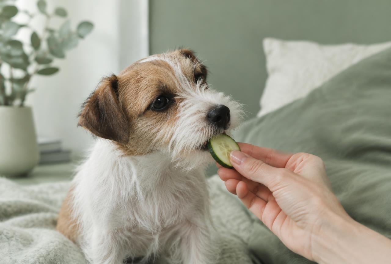 A terrier puppy nibbling a thin cucumber slice held by a person's hand