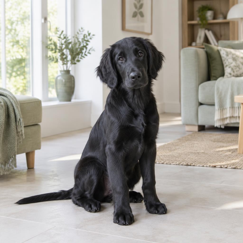 A black Flat-Coated Retriever puppy sitting on a pale stone floor
