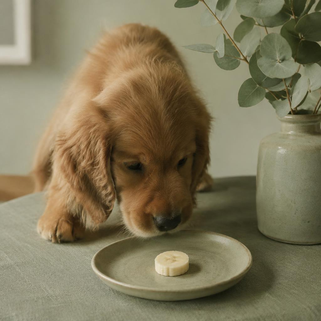 A puppy sniffing a slice of banana on a plate