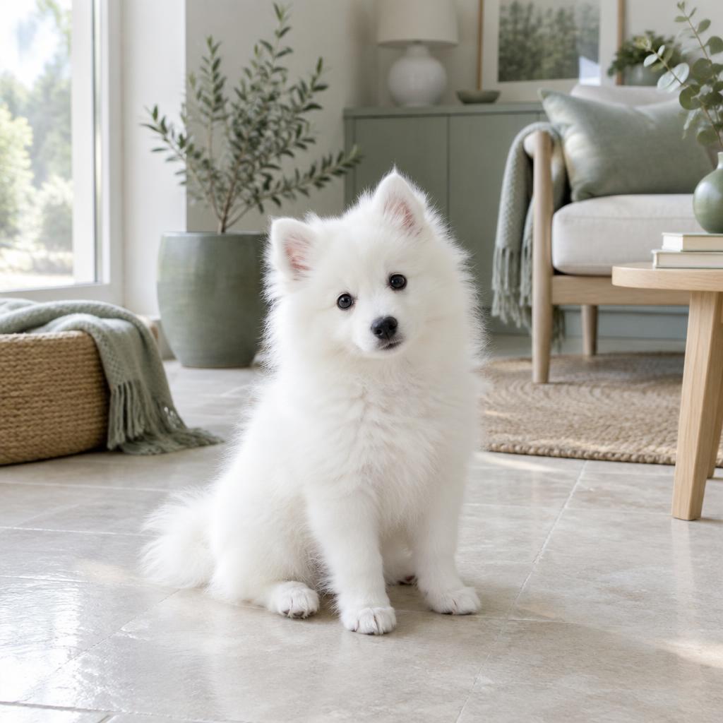 A white American Eskimo Dog puppy sitting on a pale stone floor