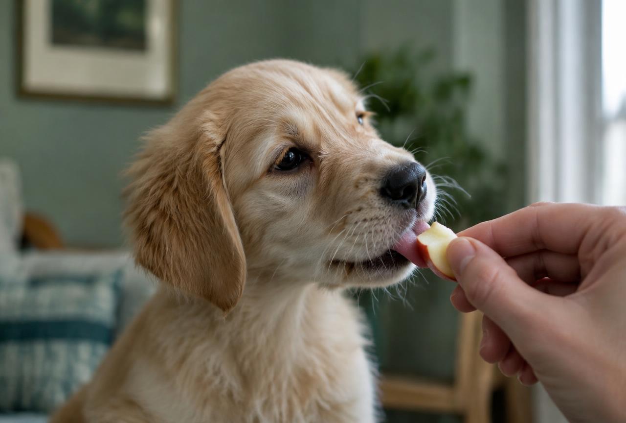 A puppy trying apple for the first time