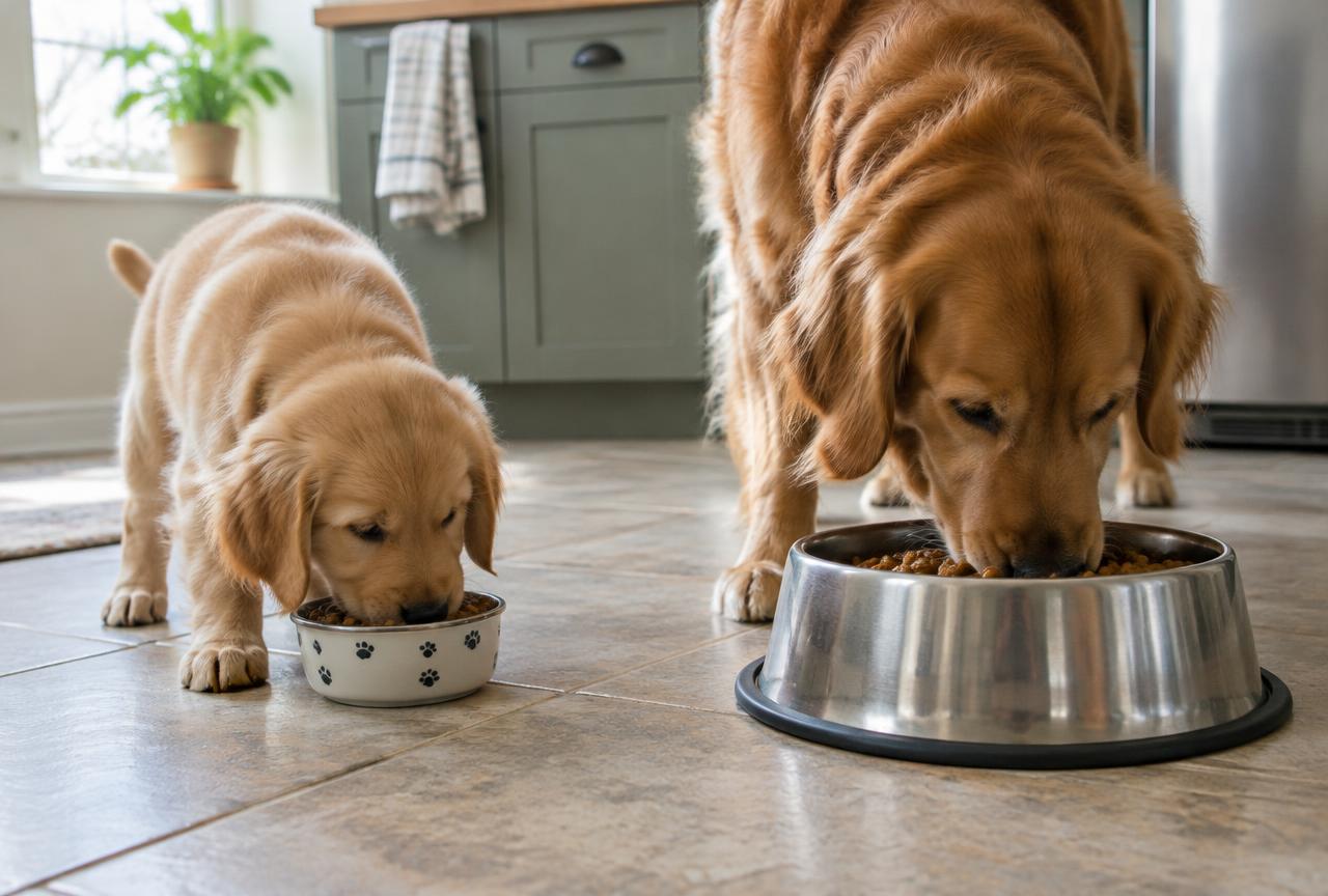 A golden retriever puppy and an adult golden retriever eating from separate bowls on a kitchen floor