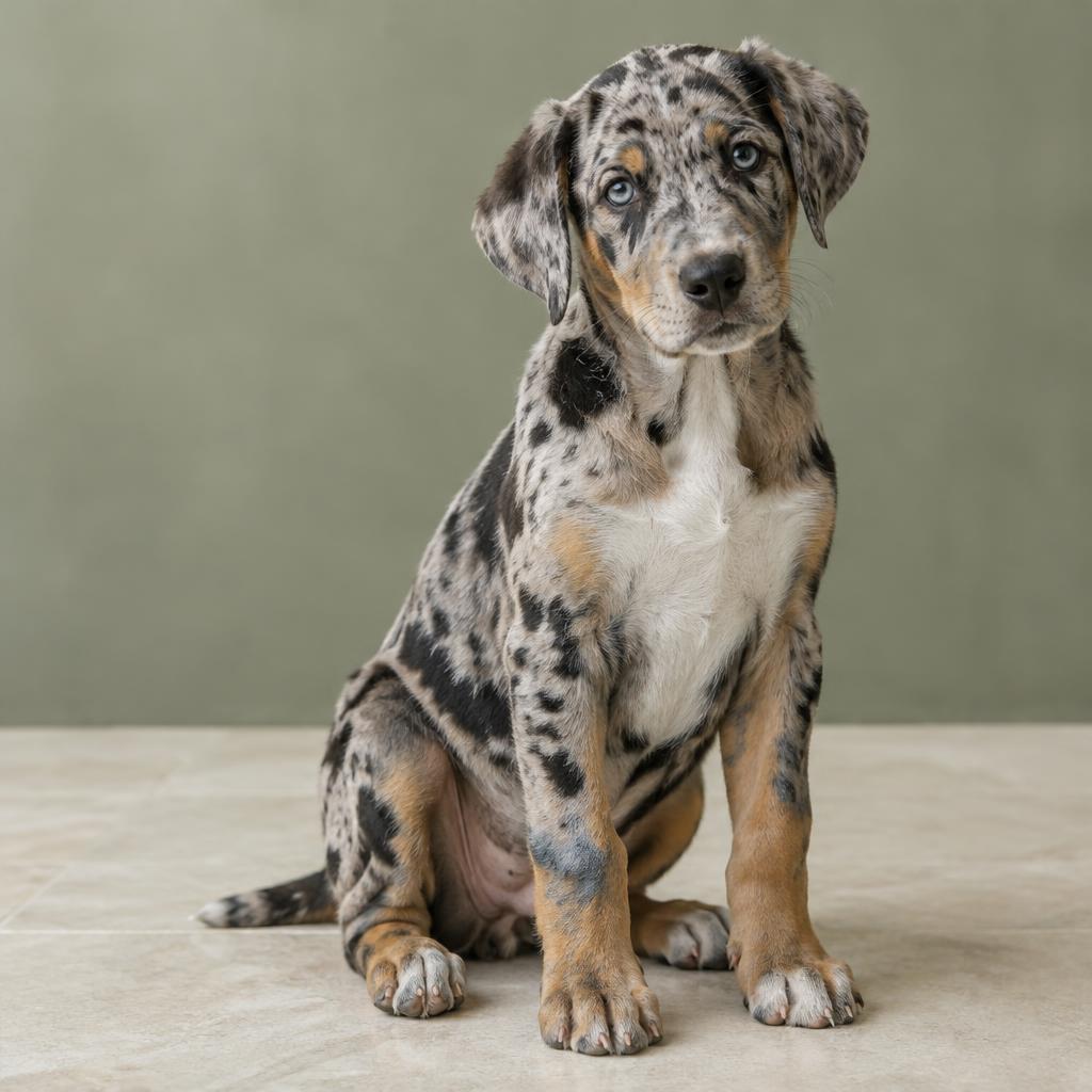 A blue merle Catahoula Leopard Dog puppy sitting on a blanket