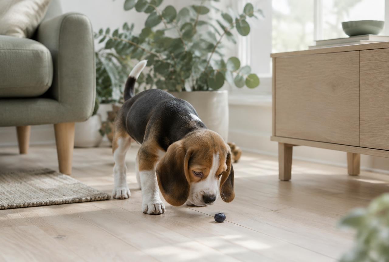 A small beagle puppy sniffing a single blueberry on a light wooden floor