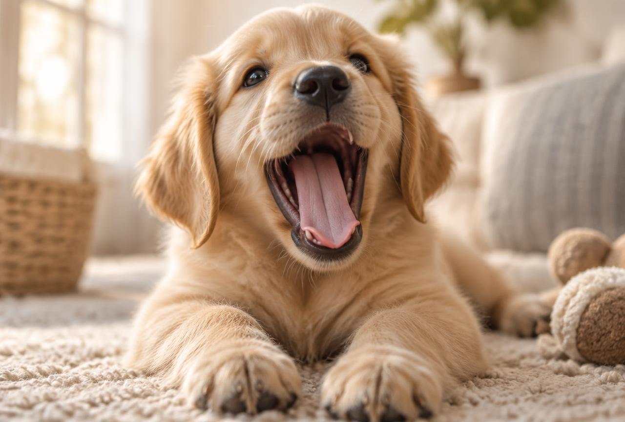 A puppy yawning widely, showing its small white puppy teeth