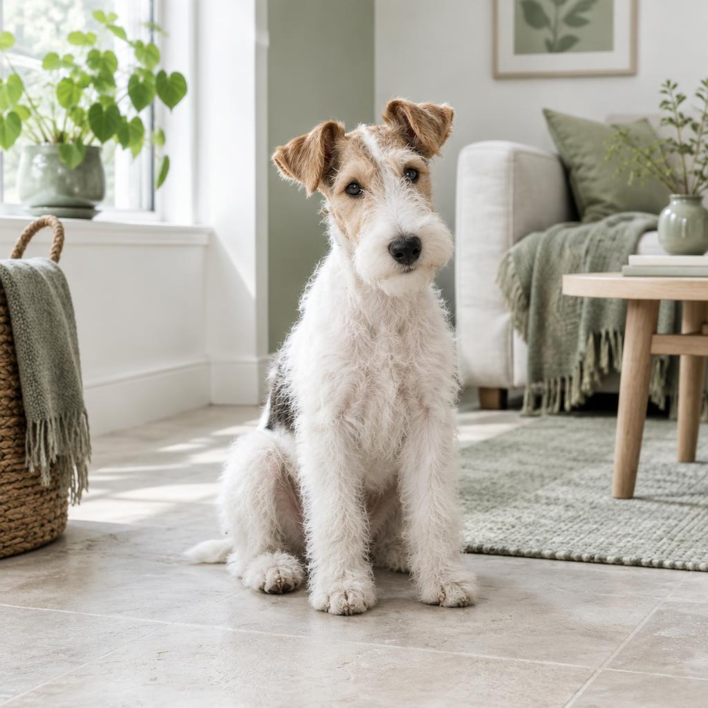 A Wire Fox Terrier puppy sitting on a pale stone floor