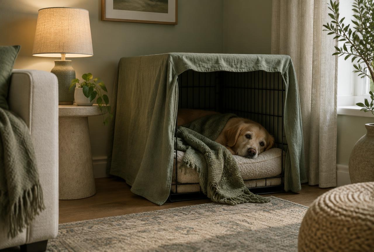A dog resting calmly in a crate covered with a blanket