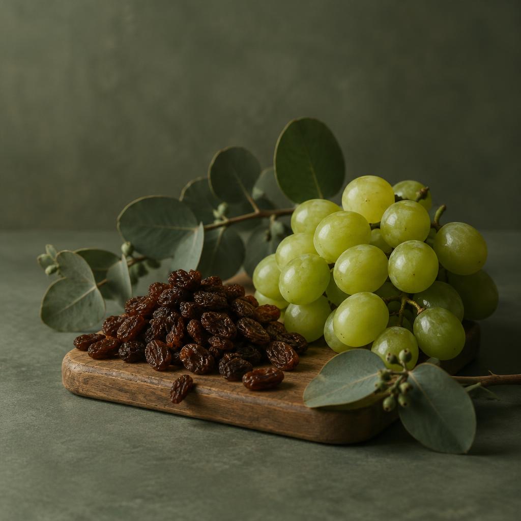 Raisins and grapes side by side on a small wooden board
