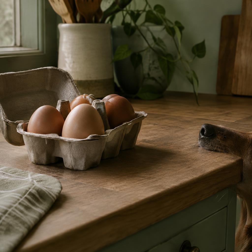 A carton of raw eggs on a counter with a dog's nose at the edge