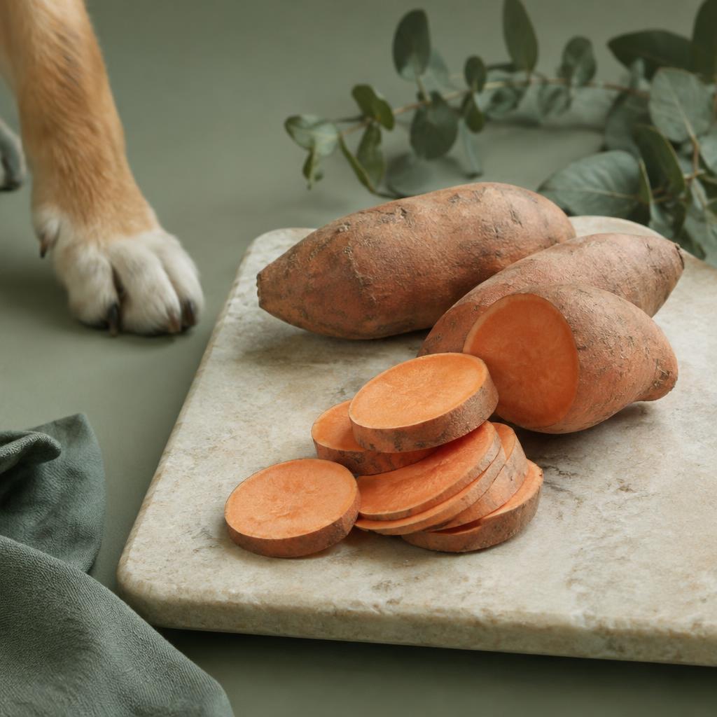 Raw sweet potatoes, whole and sliced, on a pale chopping board