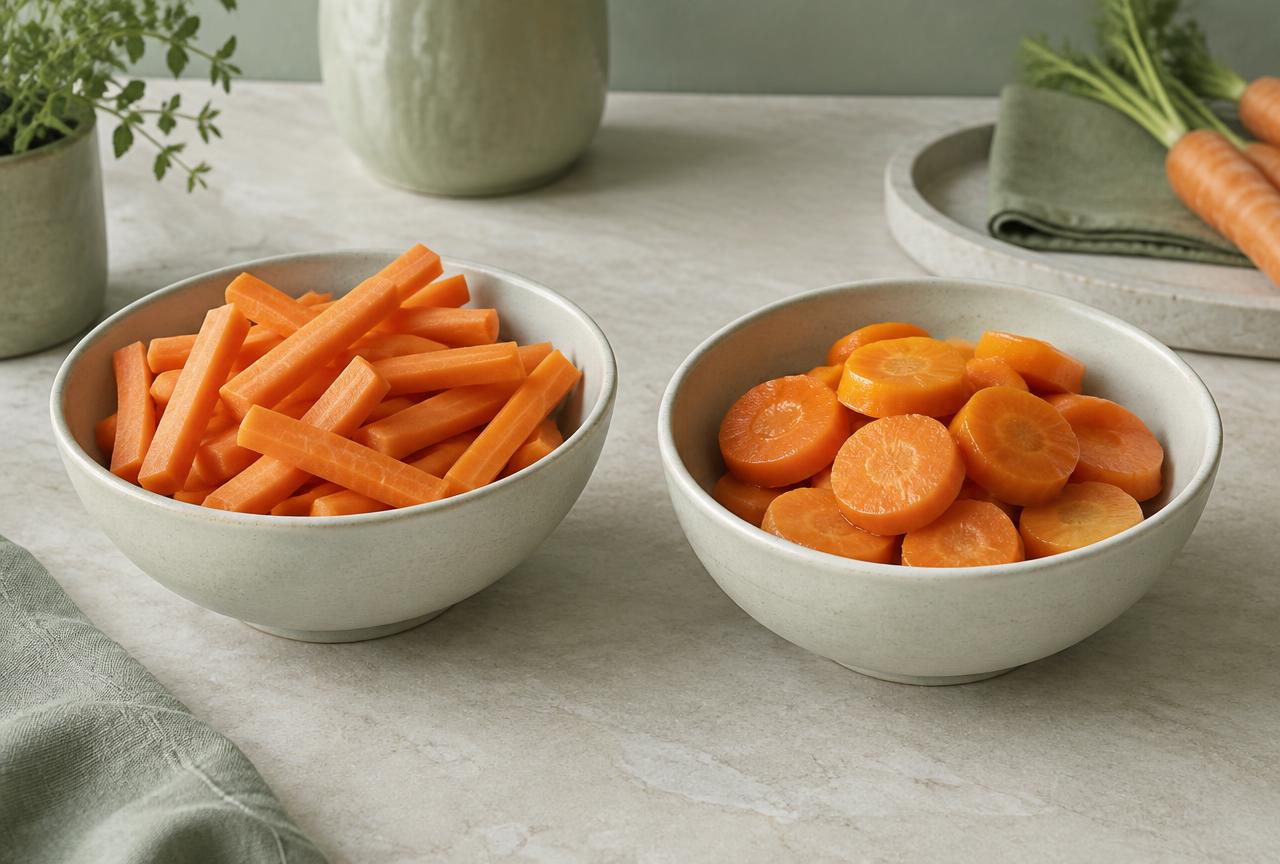 Raw carrot batons and steamed carrot slices in two small pale bowls
