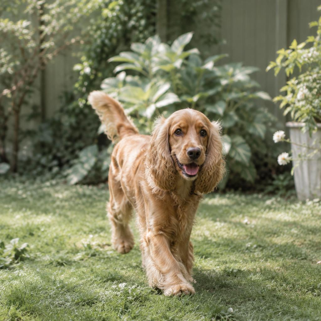 A cocker spaniel walking happily in a garden