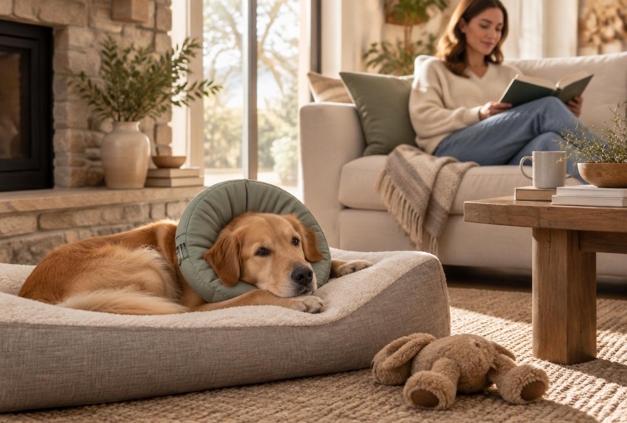 A dog wearing a soft fabric recovery collar resting on its bed