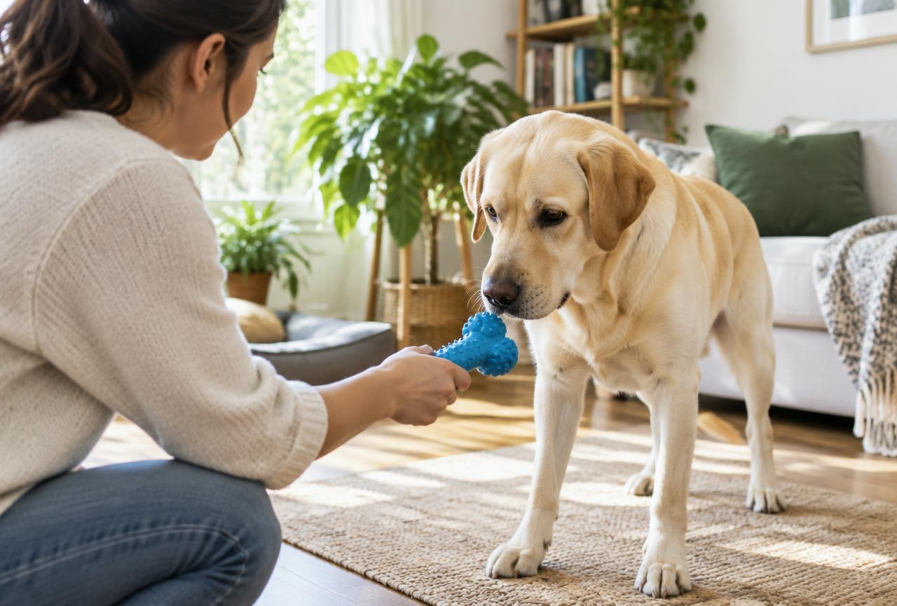 A person offering a blue chew toy to a yellow Labrador in a bright living room with green plants
