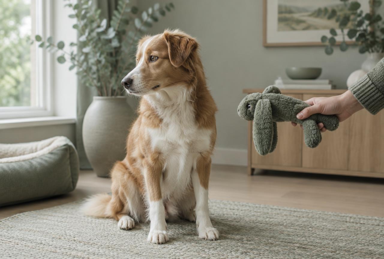 A dog sitting calmly while being offered a toy by a person's hand