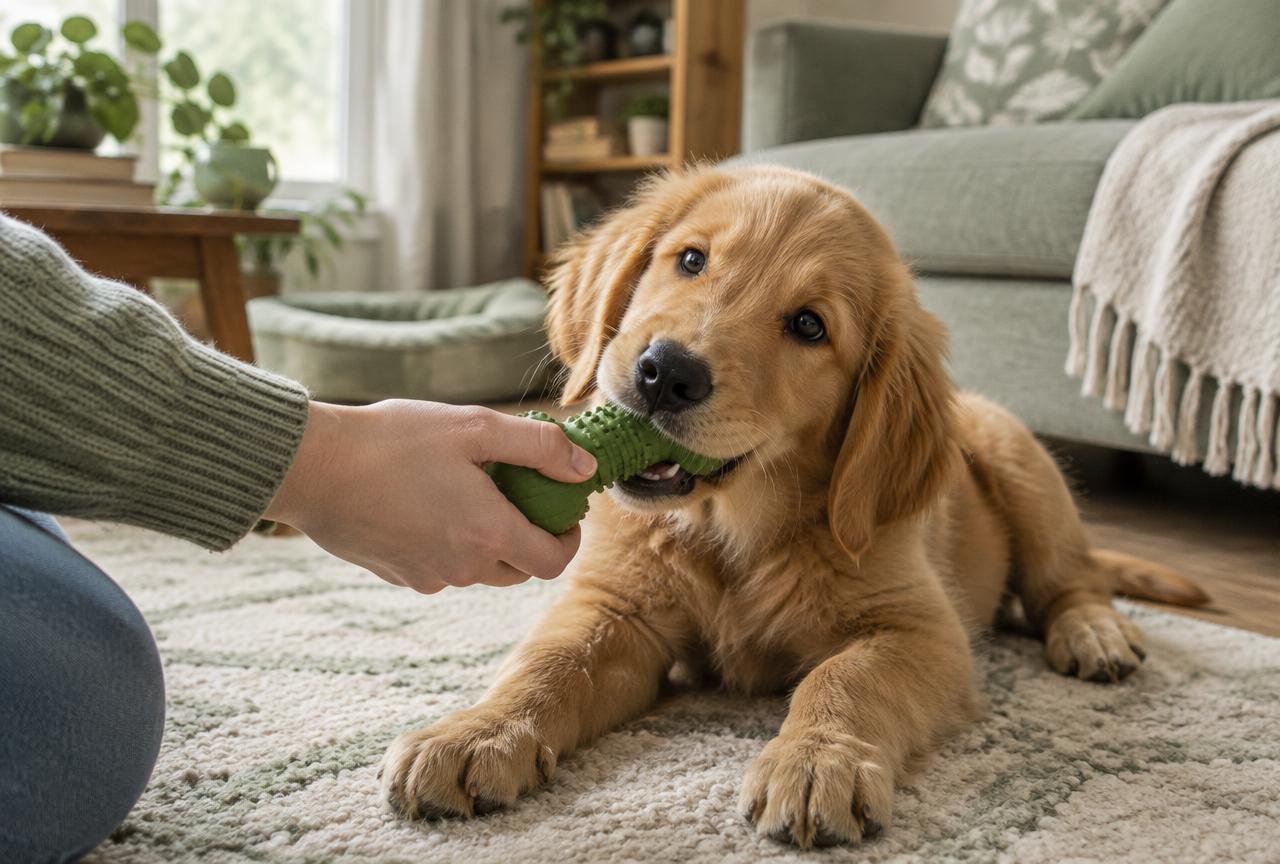 A person kneeling on a rug offering a green rubber chew toy to a golden retriever puppy