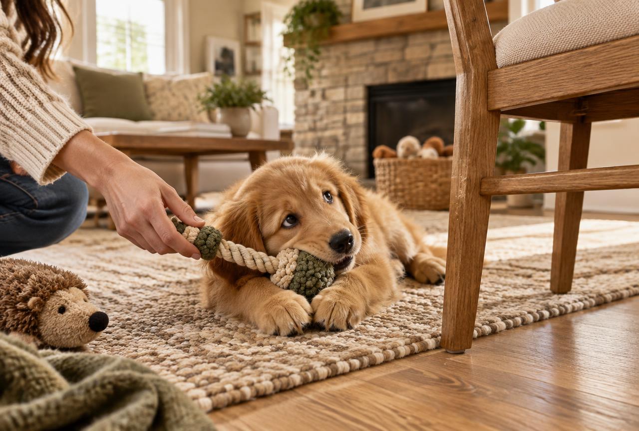 A person offering a rope toy to a puppy lying beside a wooden chair leg
