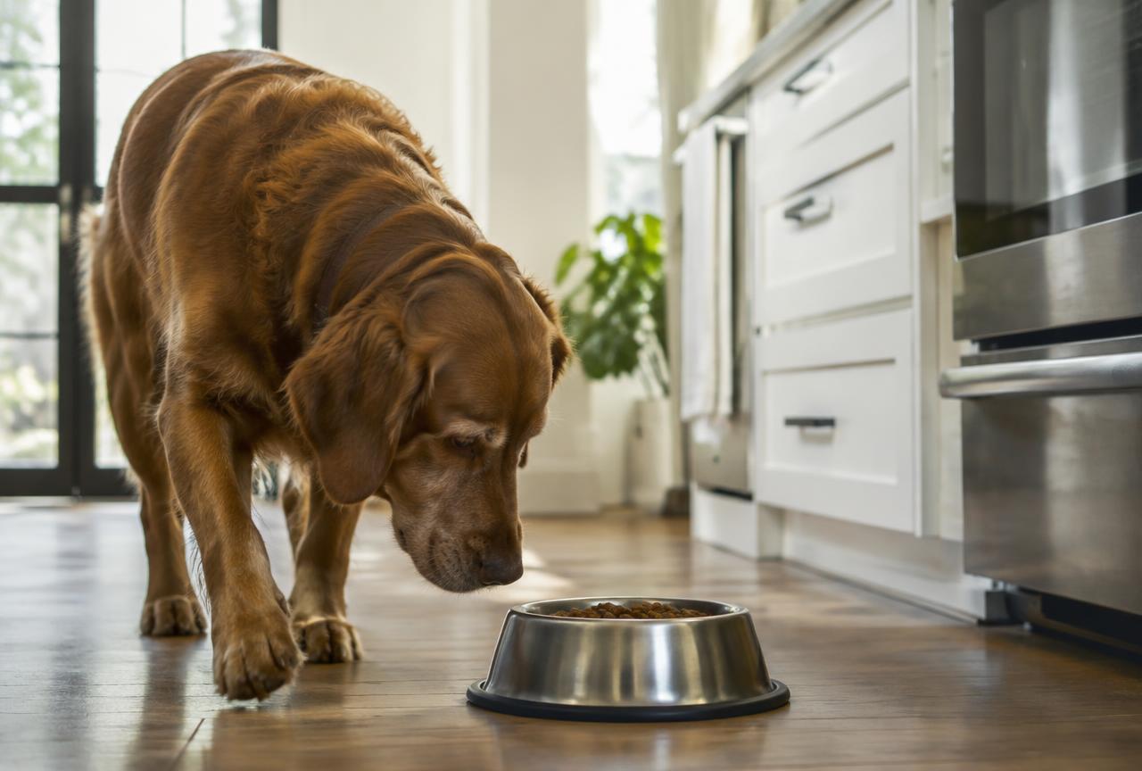 A dog sniffing its food bowl then walking away in a bright kitchen