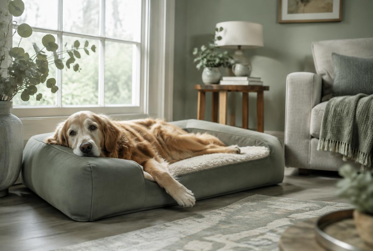 A dog resting on a supportive orthopaedic bed in a calm living room
