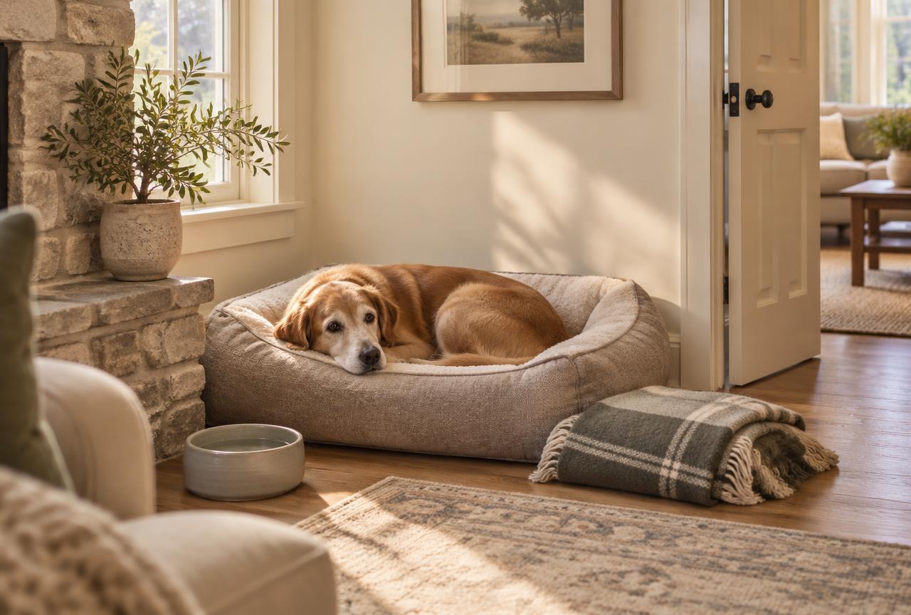 A dog resting on a cushioned bed in a quiet corner of a living room