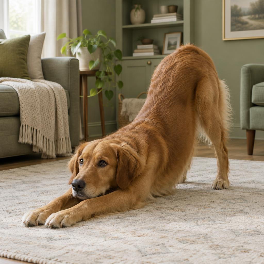 A dog in a prayer position on a rug