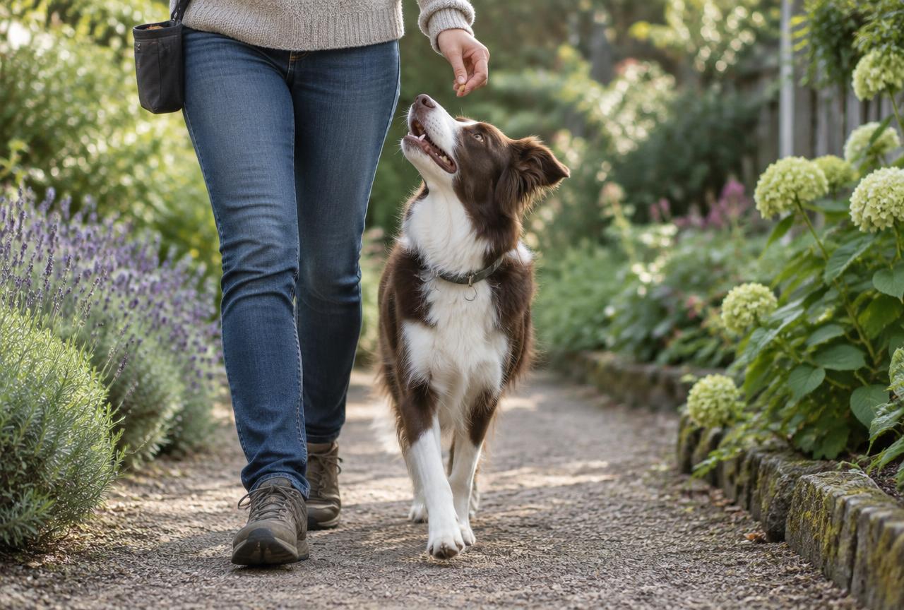 A border collie walking at heel on a garden path looking up at its owner who holds a treat