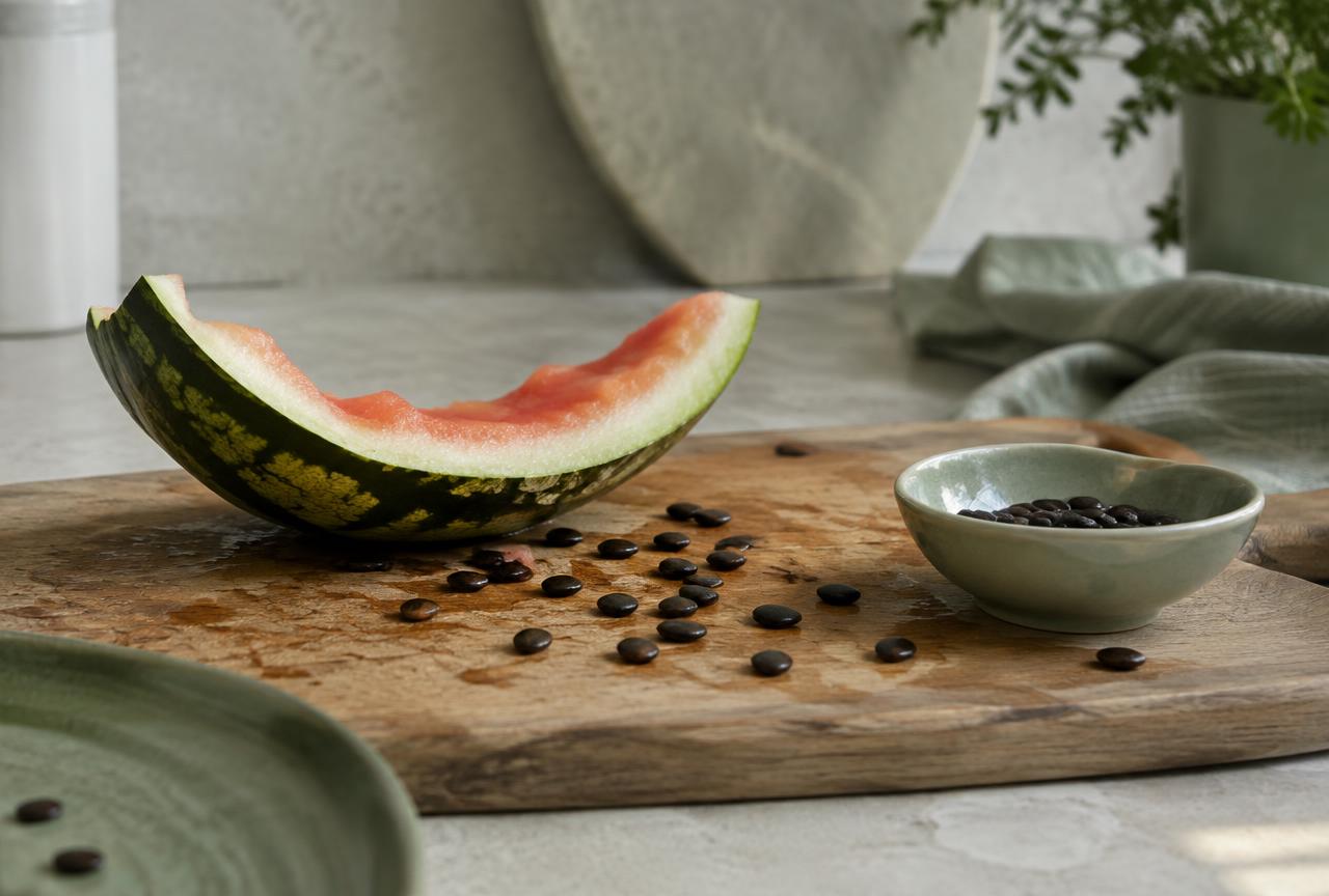 A watermelon rind and scattered seeds on a wooden board