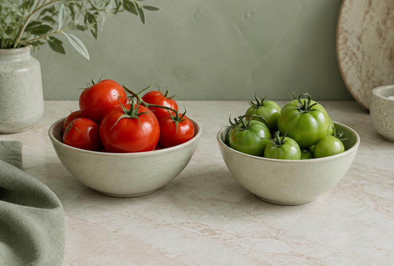 Ripe red tomatoes and unripe green tomatoes in two separate pale bowls
