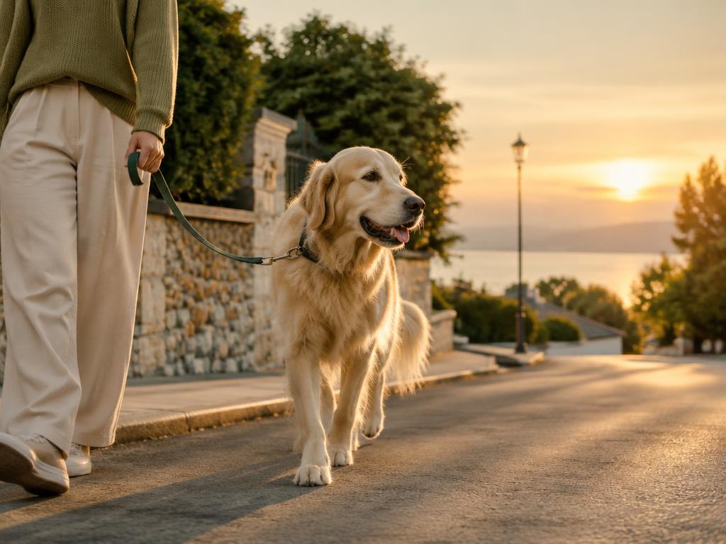 A dog enjoying an evening walk at golden hour on a quiet street