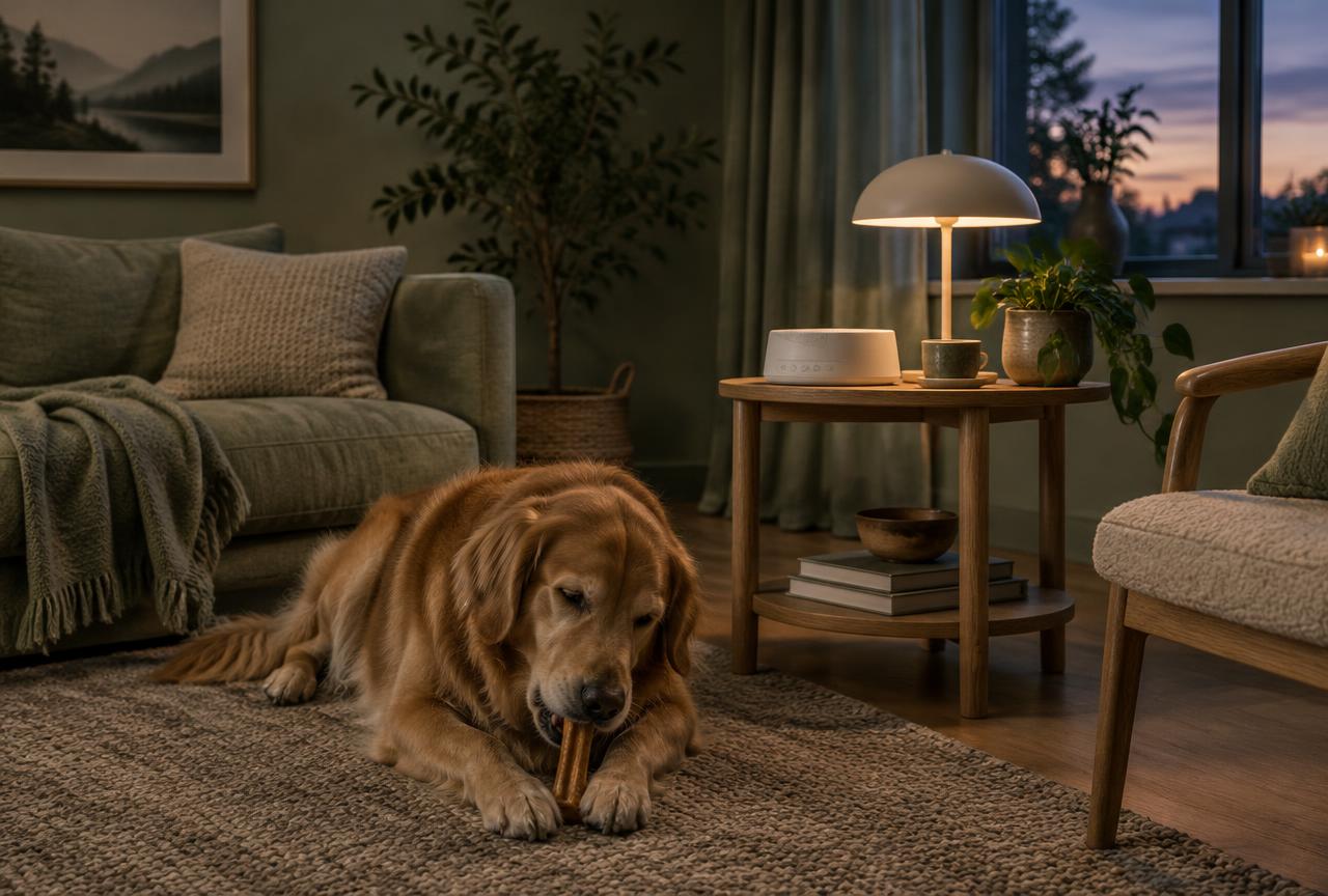 A dog chewing calmly beside a lamp and a white noise machine