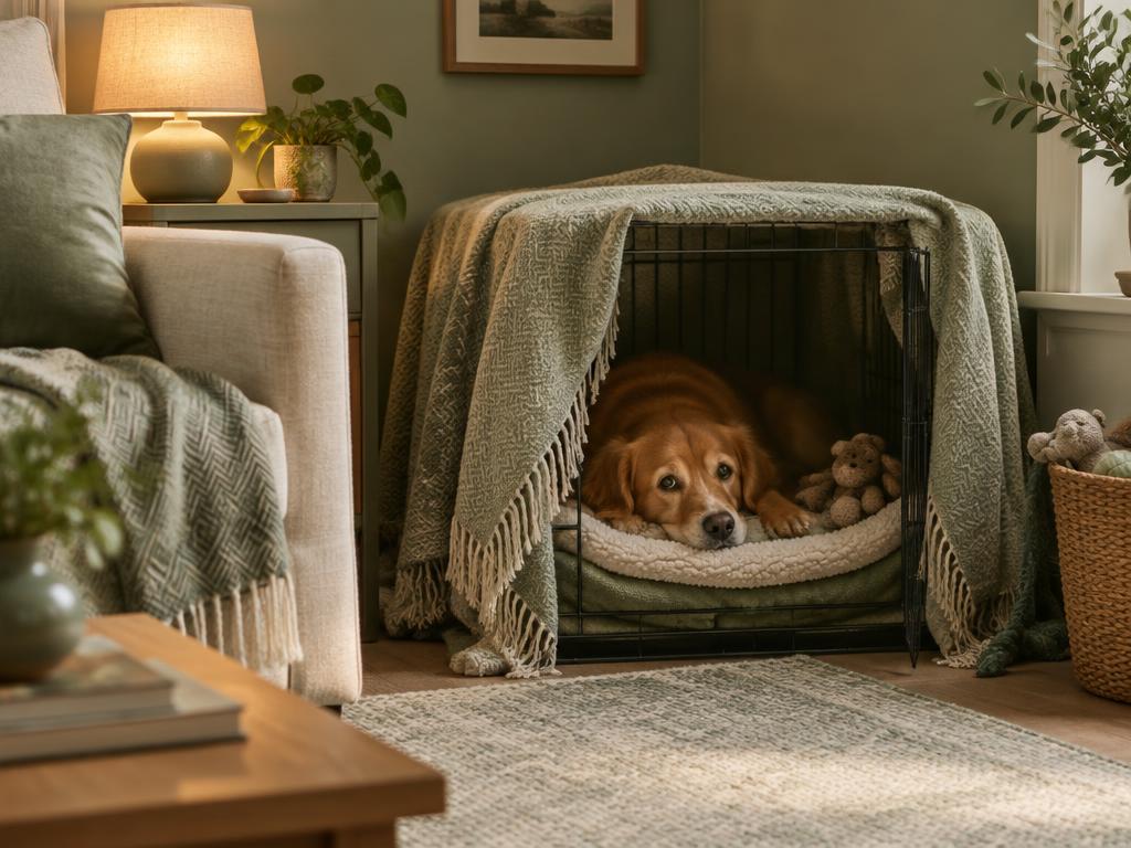 A dog resting inside a blanket-covered crate in a lamplit living room